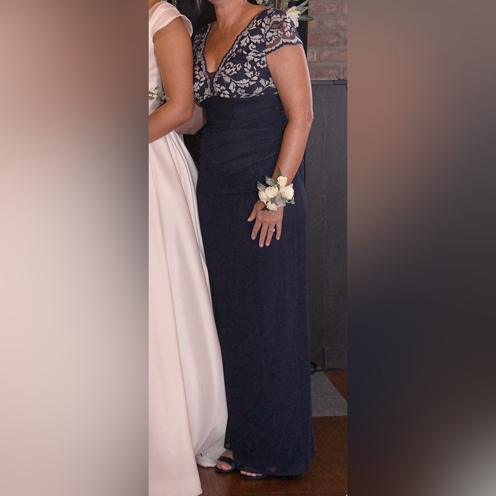 Betsy & Adam Navy Blue Gown with Lace Bodice
